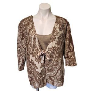 Cloz's NY Vintage Cotton Tan Paisley Floral Tie Front Women's Large Cardigan